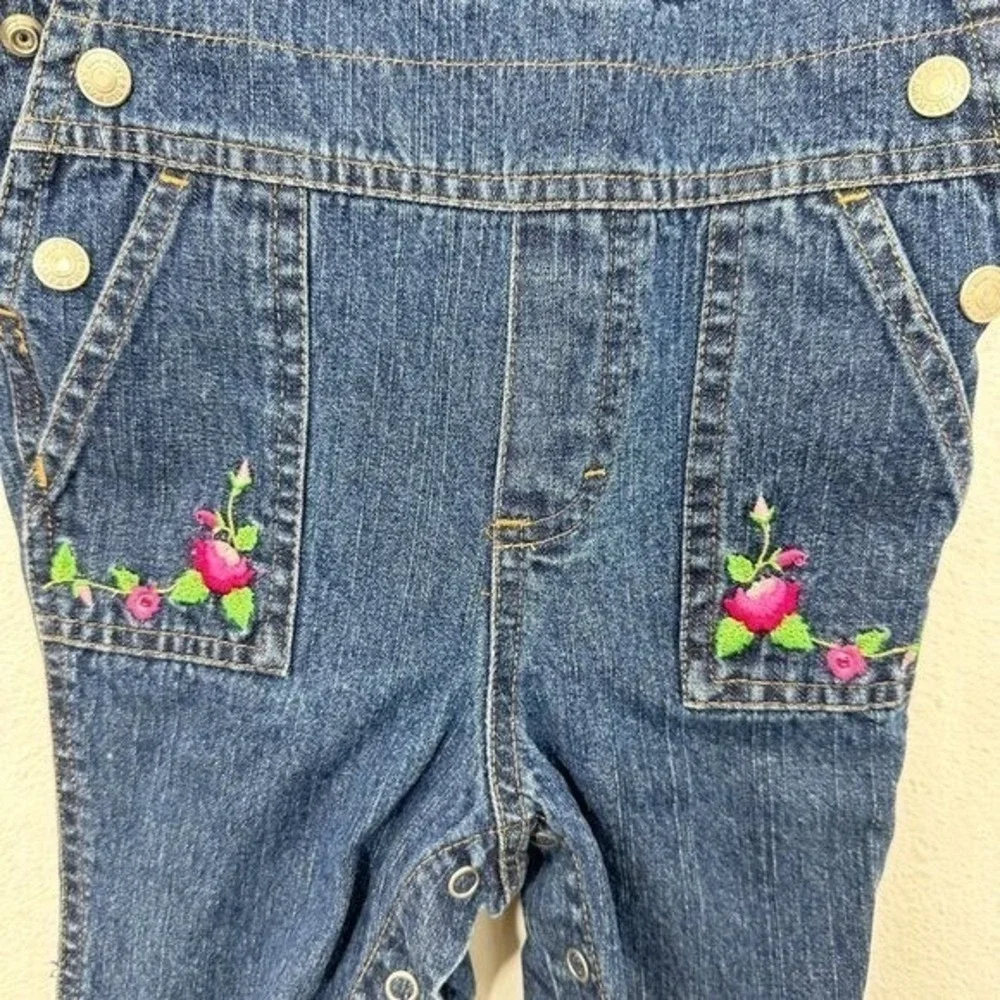 Vintage Old Navy Floral Embroidered Denim Jean‎ Overalls Baby Girls Size 6-12 M